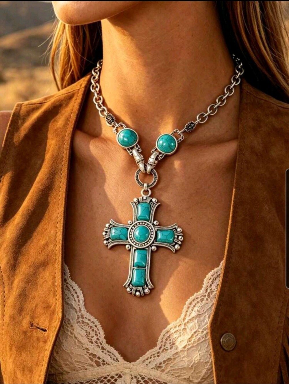 BRAND NEW ** Turquoise Stone Cross Pendant Necklace